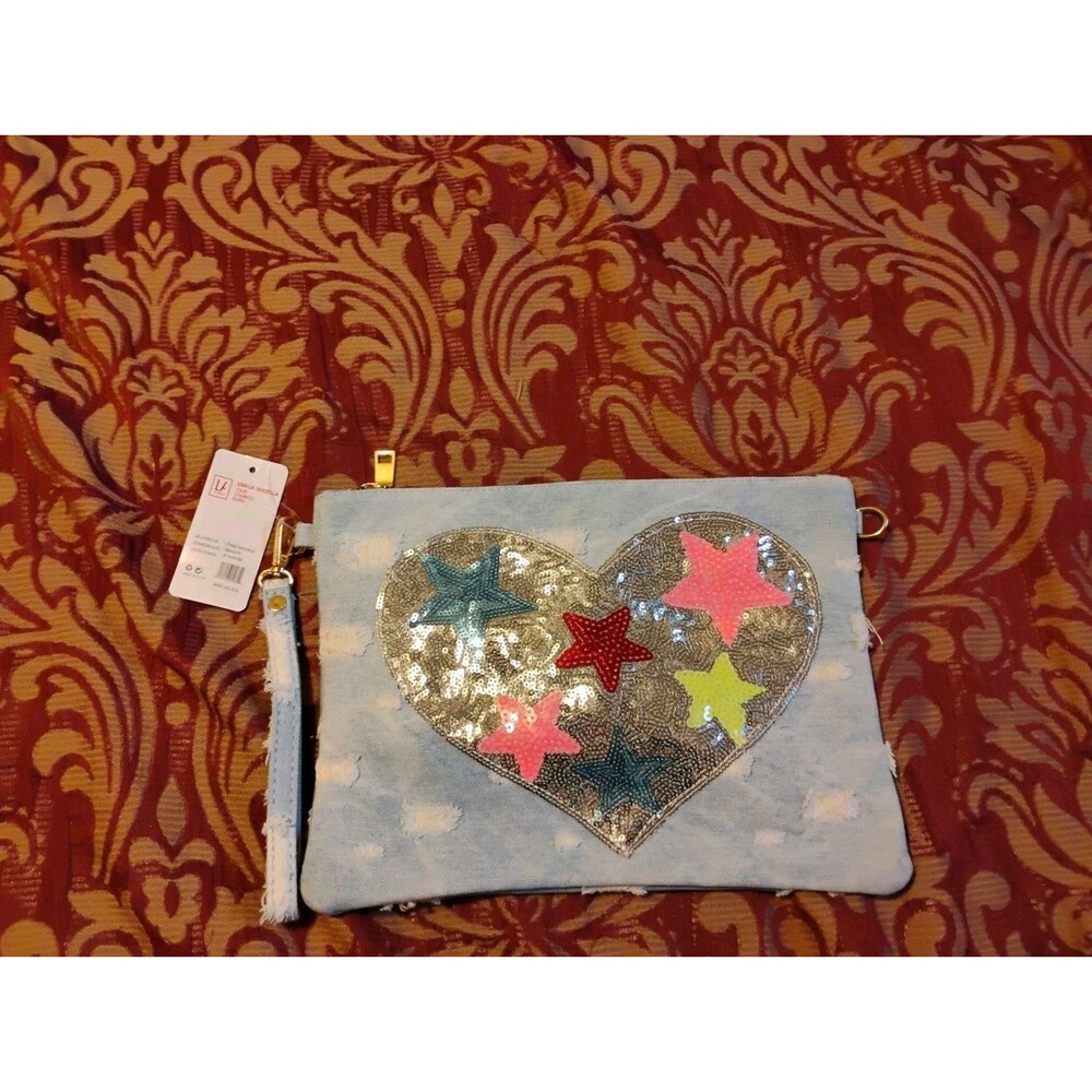 USA LA S0RELLA Sequin Zipper Denim Stars Heart Grunge Light Blue Purse